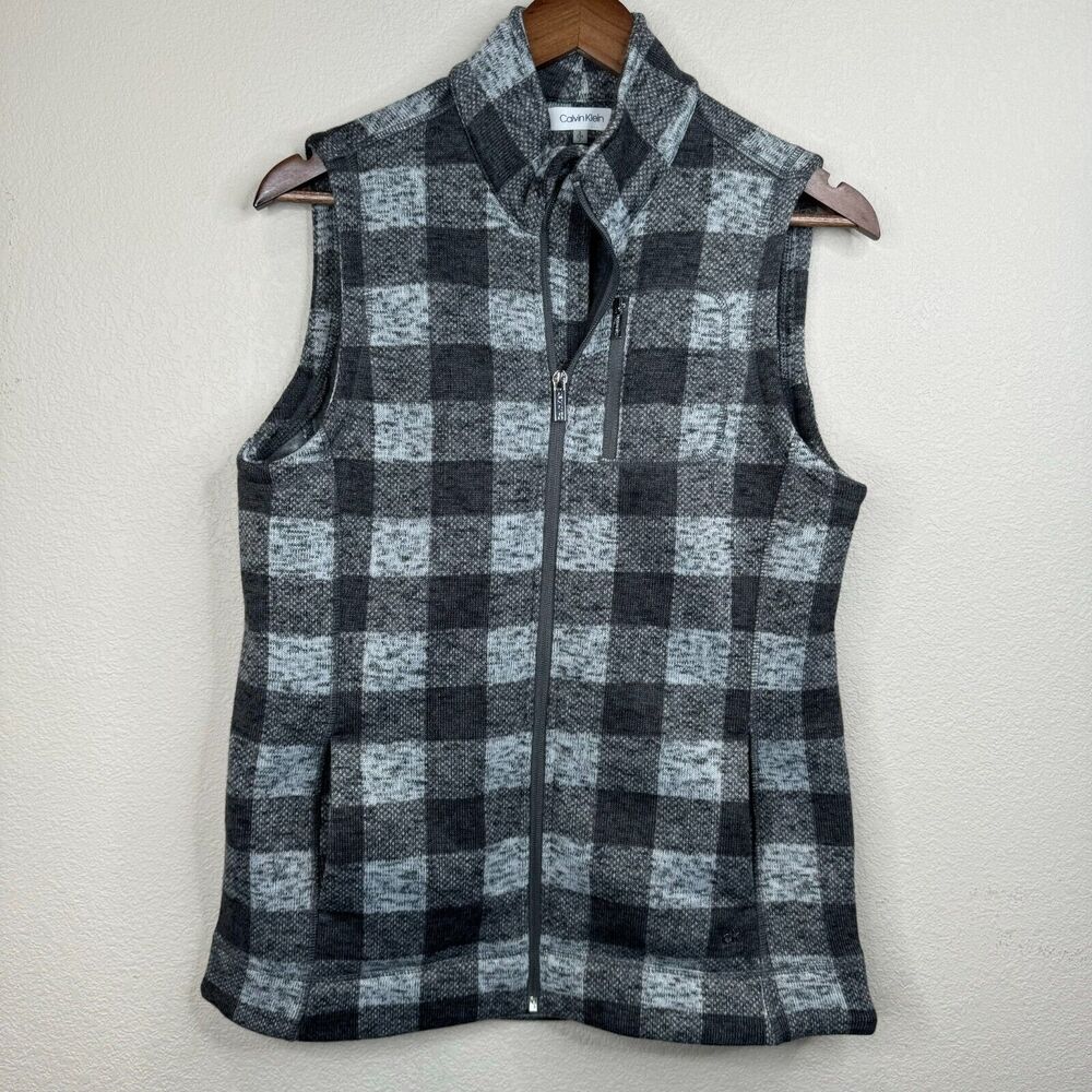 Calvin Klein‎ Women's Glenn Plaid Knit Full Zip Sleeveless Black/Gray Size Small